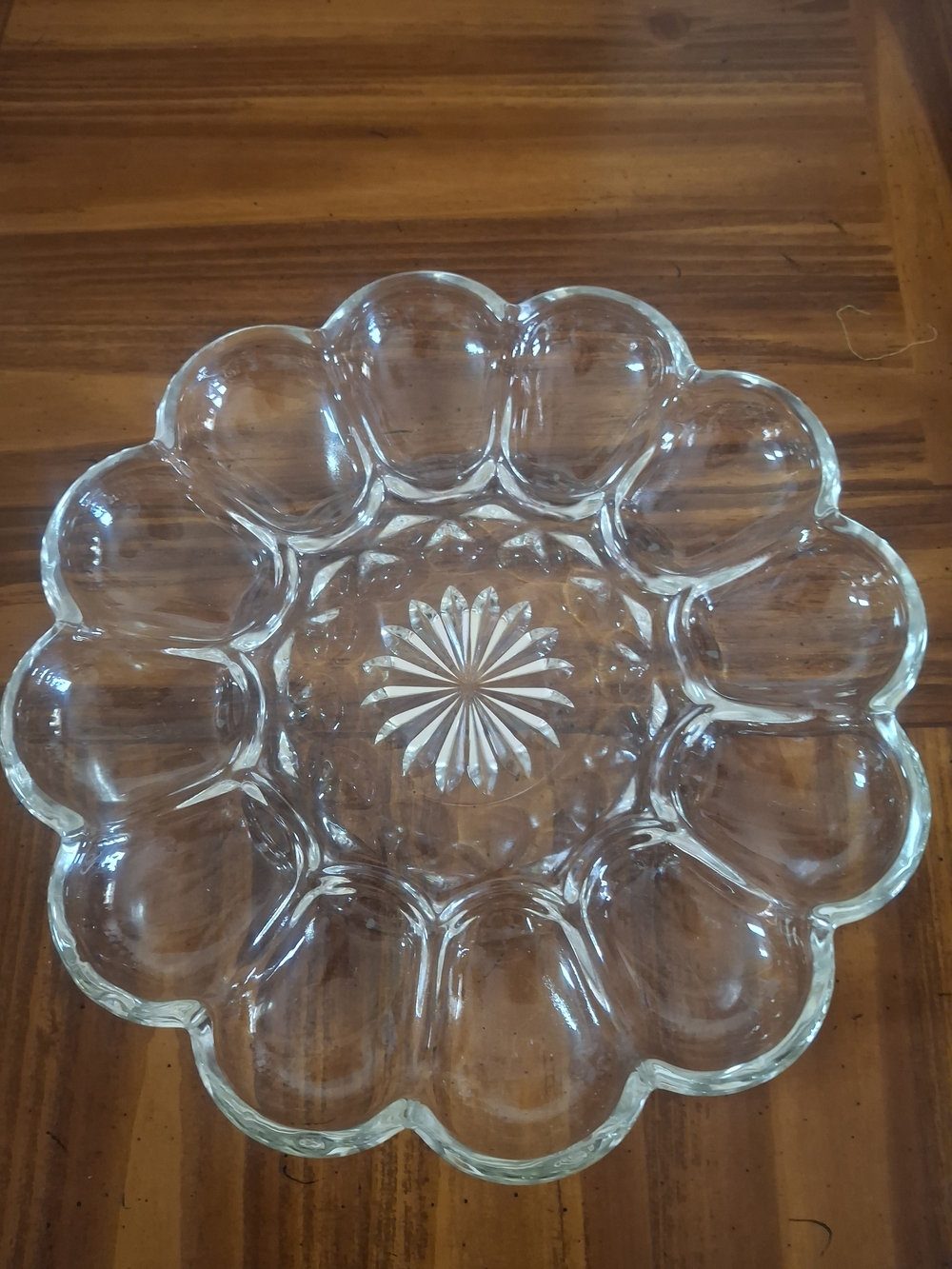Heavy Crystal Clear Glass Egg or Deviled Egg Platter - Sun Burst Pattern